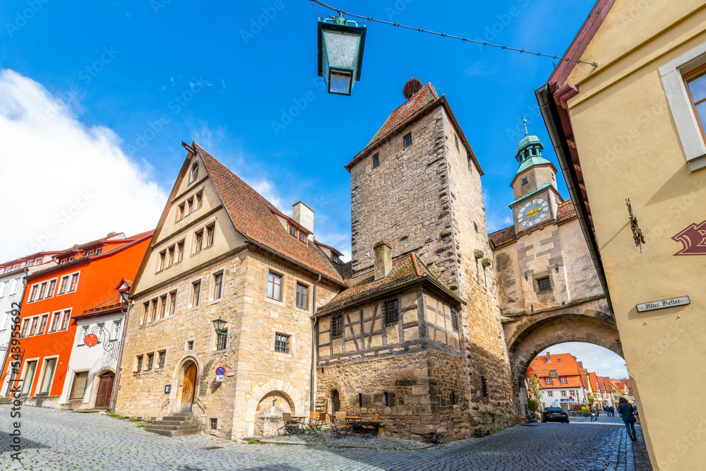 View of the Röder-Arch and St Mark's Tower in the medieval old town of Rothenburg ob der Tauber, Germany.