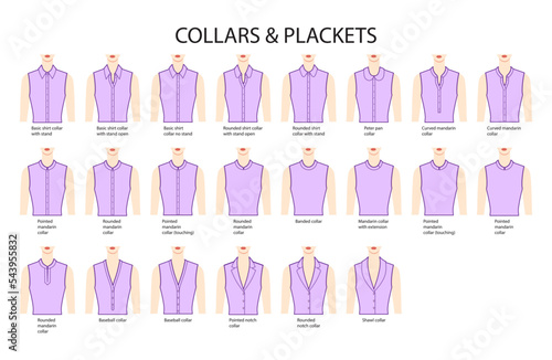 Set of necklines of collars and plackets, stand, mandarin, baseball necks clothes tops, shirts, blouses technical fashion illustration. Flat apparel template front side. Women, men unisex CAD mockup