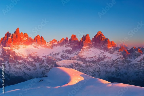 Sunrise view of the snow capped mountains from rifugio Lagazuoi, Dolomites, Italy. Winter dawn in the mountains, the surroundings of Cortina d'Ampezzo. Morning mountain landscape, the Alps.
