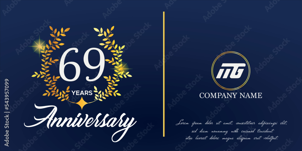 Naklejka premium 69th anniversary logo with elegant ornament monogram and logo name template on elegant blue background, sparkle, vector design for greeting card.