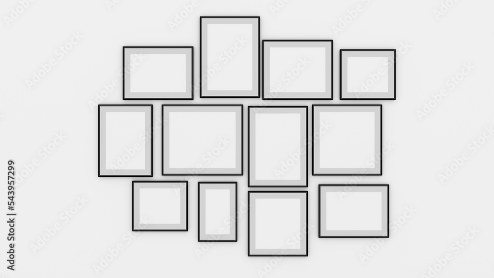 Black frames collection, twelve blank frameworks set isolated on white wall, interior decor mock up. Black frames collection, twelve blank frameworks set isolated on white wall, interior decor mock up.