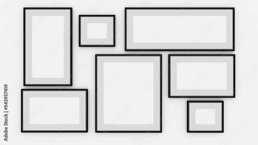 Black frames collection, seven blank frameworks set isolated on white wall, interior decor mock up, 3d rendering. Black frames collection, seven blank frameworks set isolated on white wall, interior decor mock up, 3d rendering.