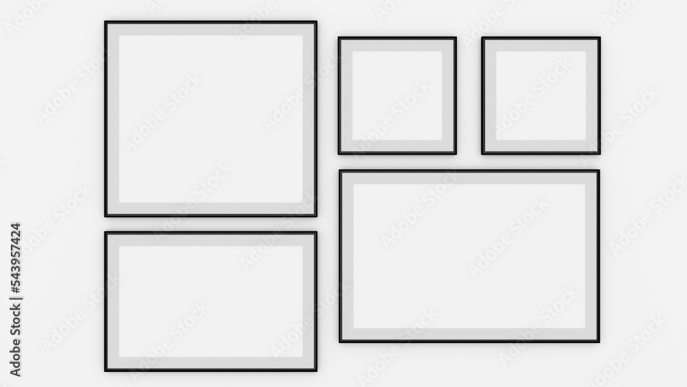Black frames collection, five blank frameworks set isolated on white wall, interior decor mock up, 3d rendering. Black frames collection, five blank frameworks set isolated on white wall, interior decor mock up, 3d rendering.
