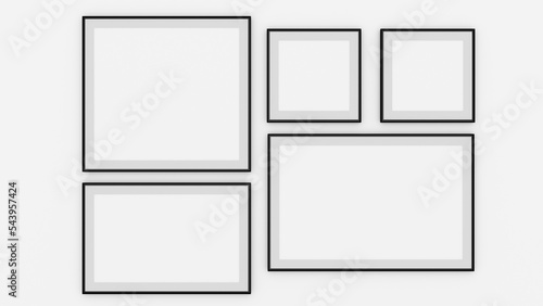 Black frames collection, five blank frameworks set isolated on white wall, interior decor mock up, 3d rendering.