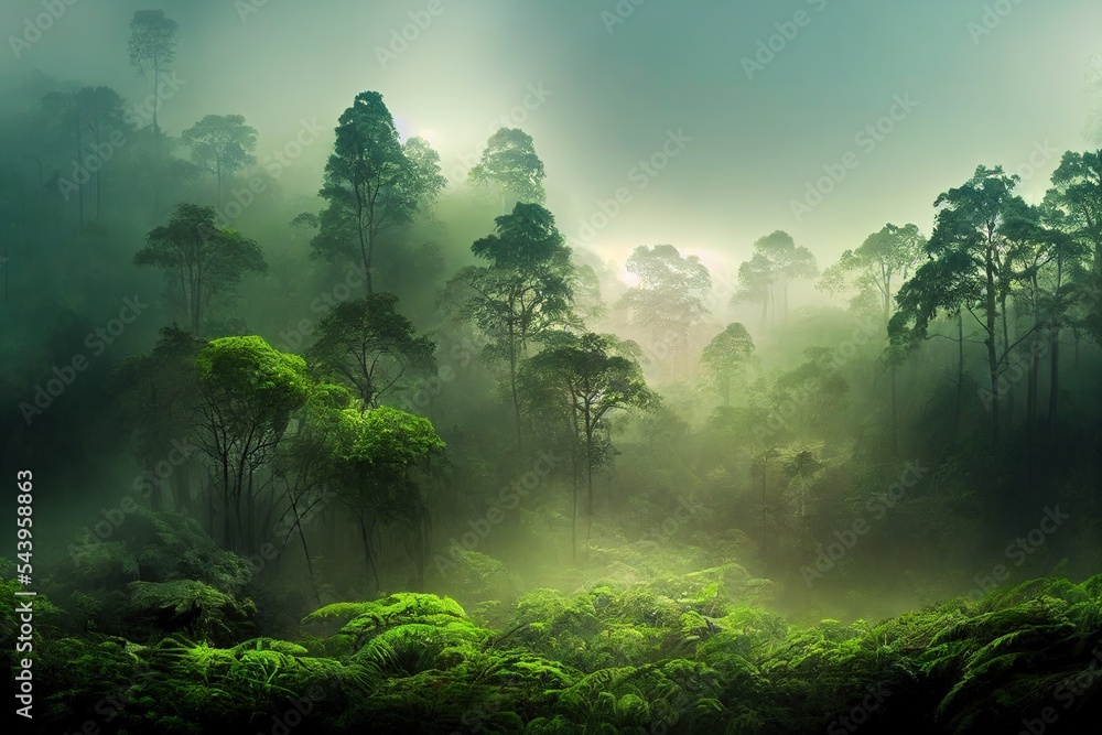 Foggy jungle nature landscape view. Digital illustration