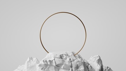 3d render, abstract white background with golden ring, round frame integrated into chalk rock stone, aesthetic minimalist wallpaper