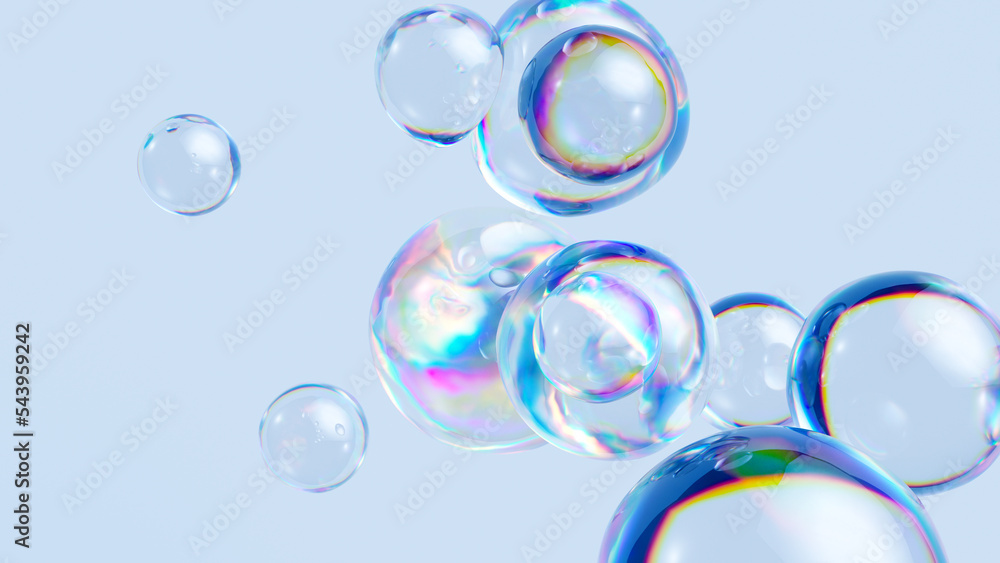 3d render, abstract background with iridescent soap bubbles, translucent balls