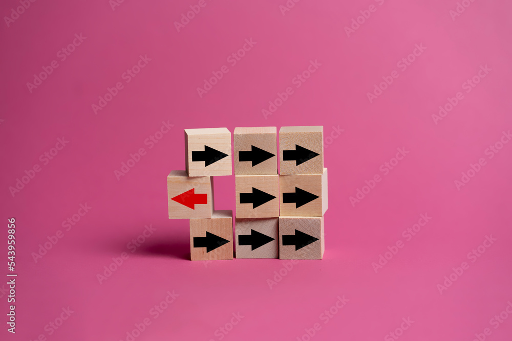 nine wooden cubes with arrows, unique concept, arrow change direction nine wooden cubes with arrows, unique concept, arrow change direction