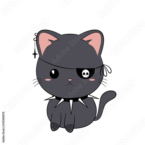 Czarny kotek w stylu goth. Uroczy gotycki kot z przepaską na oko, kolczastym kołnierzem, piercingiem i siateczkowymi rękawiczkami. Słodka ilustracja wektorowa.