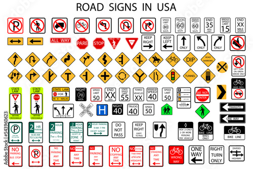 Us road signs in american style. Road trip. Vector illustration. Stock image.
