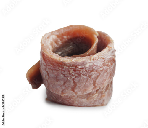 Delicious rolled anchovy fillet isolated on white