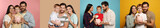 Collage with photos of people holding ceramic piggy banks on different color backgrounds. Banner design