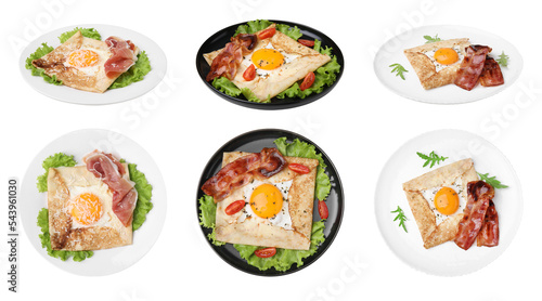 Set with delicious crepes with eggs on white background. Breton galette. Banner design