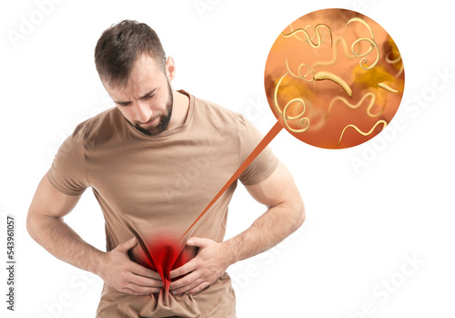 Foto Parasites under microscope and man suffering from helminthiasis