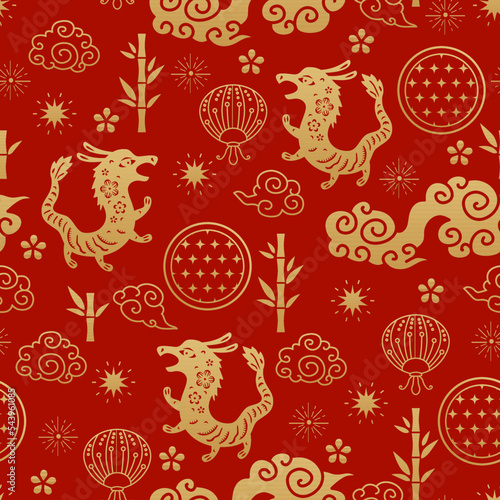 Chinese traditional oriental ornament background  Zodiac signs Dragon pattern seamless. Japanese  Chinese elements. Asian texture for printing  packaging  textiles  fabric  washi paper  scrapbooking