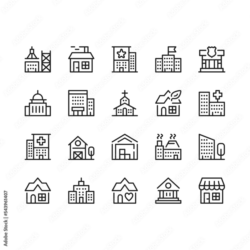 Building line icons. Outline symbols. Vector line icons set