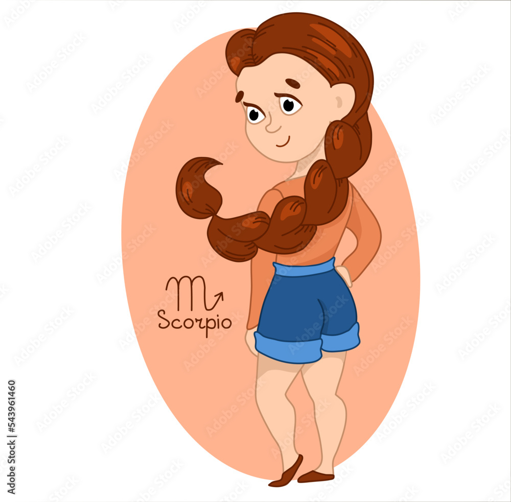 Scorpio zodiac sign. Cute Girl with beautiful hair. Isolate vector illustration. Character Girl on a white background. Hand drawn illustration. Scorpio zodiac sign. Cute Girl with beautiful hair. Isolate vector illustration. Character Girl on a white background. Hand drawn illustration.