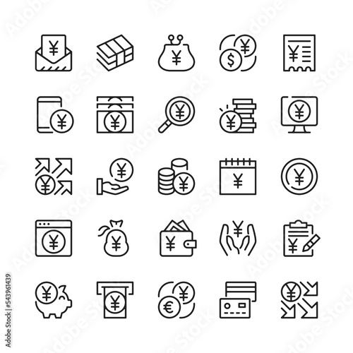 Yen line icons. Outline symbols. Vector line icons set