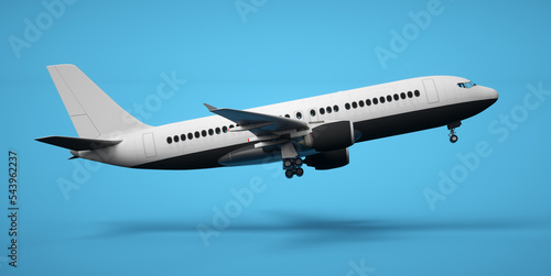 High detailed white plane, 3d rendering on a blue background. Airplane take off. Airline concept. Travel passenger plane. Commercial jet plane.