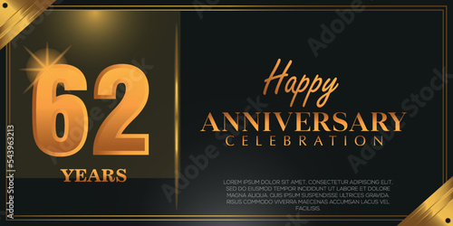 62nd anniversary logo with confetti golden colored isolated on black background, vector design for greeting card and invitation card