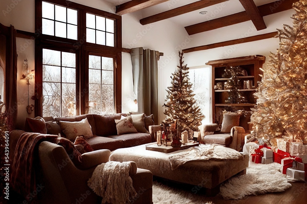 Fototapeta premium Winter home decor. Christmas rustic interior. Farmhouse decoration style.