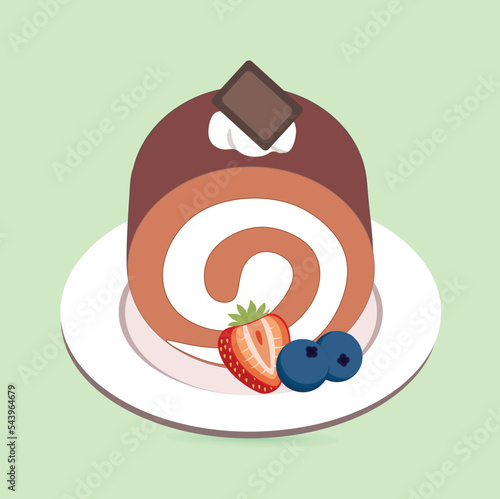 Chocolate roll on cream cake, with strawberry and blueberry