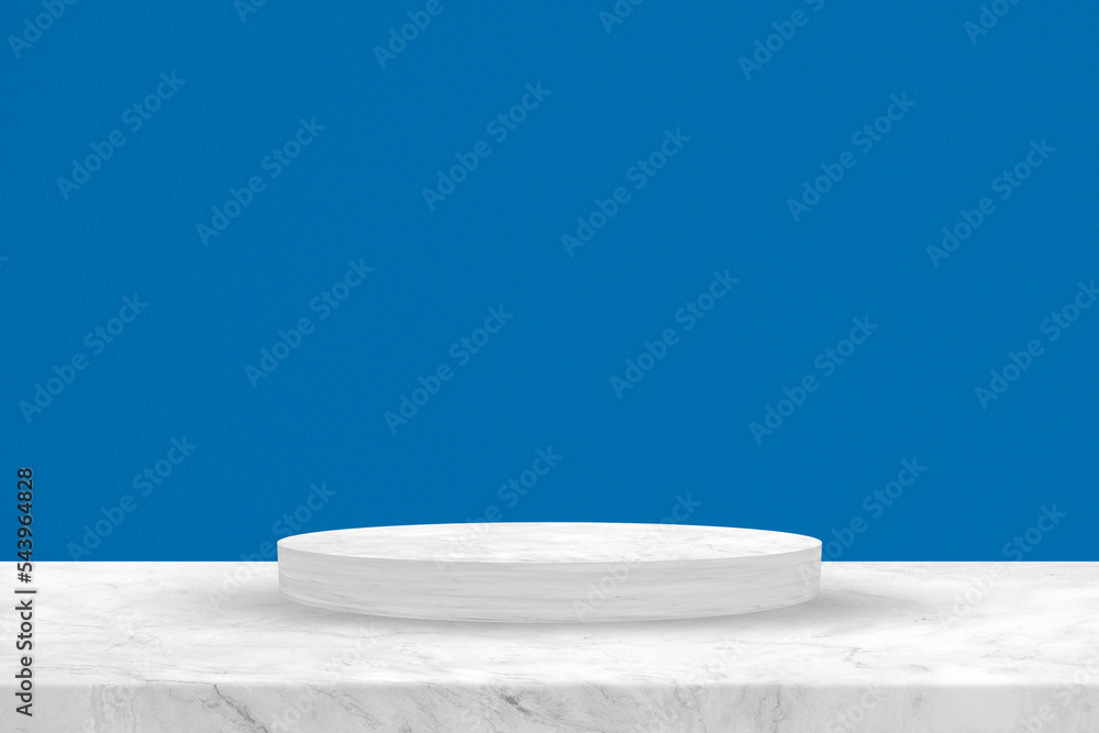 White Marble cylinder Podium with on Frenh Blue Concrete Wall Texture Background, Suitable for Product Presentation Backdrop, Display, and Mock up. White Marble cylinder Podium with on Frenh Blue Concrete Wall Texture Background, Suitable for Product Presentation Backdrop, Display, and Mock up.