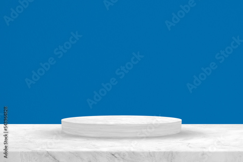 White Marble cylinder Podium with on Frenh Blue Concrete Wall Texture Background  Suitable for Product Presentation Backdrop  Display  and Mock up.