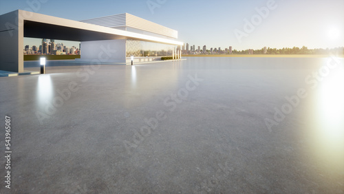 3d rendering of concrete floor, empty space at outdoor. Include blur modern building exterior of showroom, shop or store. Background design with sky, city for auto car product display. 