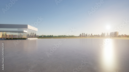 3d rendering of concrete floor, empty space at outdoor. Include blur modern building exterior of showroom, shop or store. Background design with sky, city for auto car product display. 