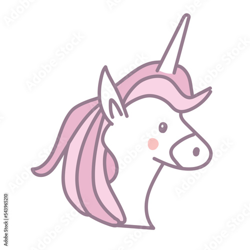 Cute Head of a unicorn with colorful pink mane. Isolated vector doodle icon