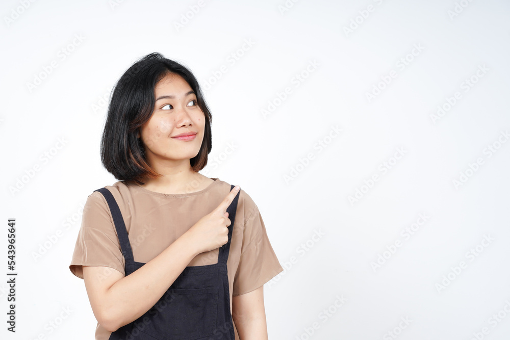 Showing Product and Pointing Side of Beautiful Asian Woman Isolated On White Background Showing Product and Pointing Side of Beautiful Asian Woman Isolated On White Background