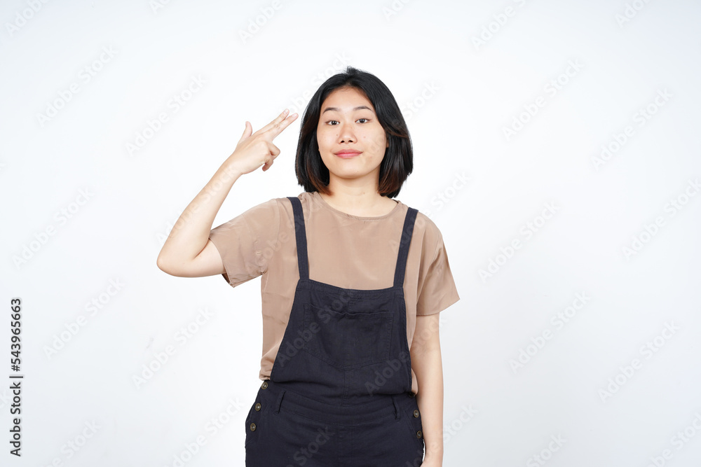 Gun finger on head of Beautiful Asian Woman Isolated On White Background Gun finger on head of Beautiful Asian Woman Isolated On White Background