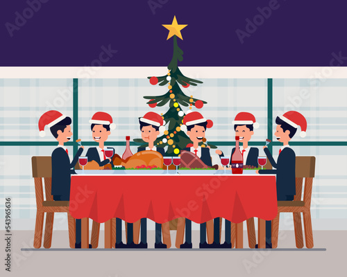Business team in office dinner celebration christmas and happy new year. Concept celebrating vector illustration, People in santa claus hats having corporate xmas party