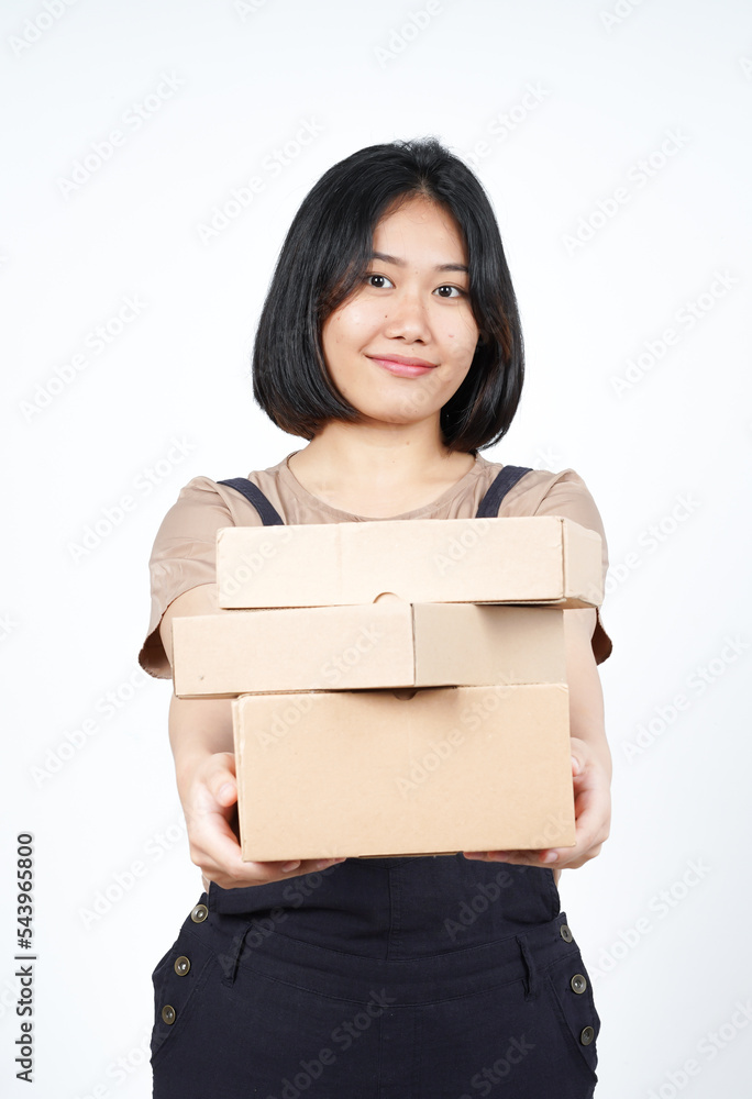 Holding Package Box or Cardboard Box of Beautiful Asian Woman Isolated On White Background Holding Package Box or Cardboard Box of Beautiful Asian Woman Isolated On White Background