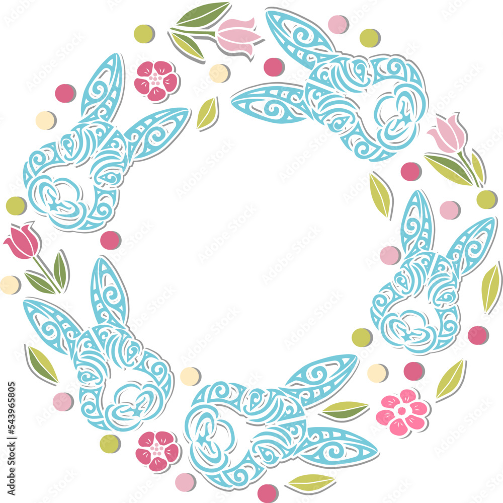 Frame with rabbits and flowers. Rabbit is the symbol of 2023 New Year. Place for text. Vector illustration. Frame with rabbits and flowers. Rabbit is the symbol of 2023 New Year. Place for text. Vector illustration.