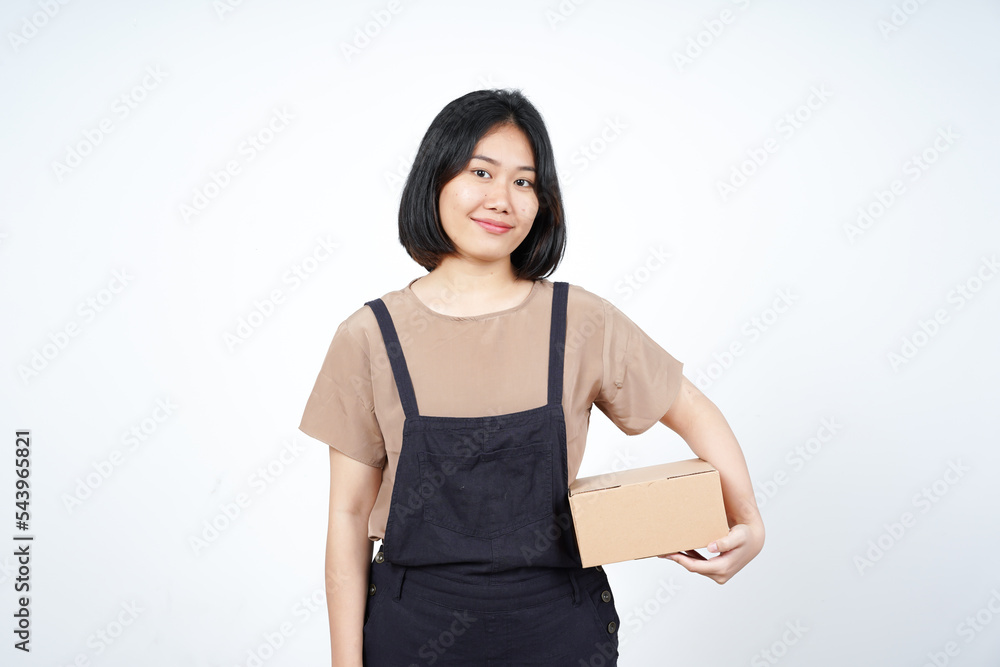 Holding Package Box or Cardboard Box of Beautiful Asian Woman Isolated On White Background Holding Package Box or Cardboard Box of Beautiful Asian Woman Isolated On White Background