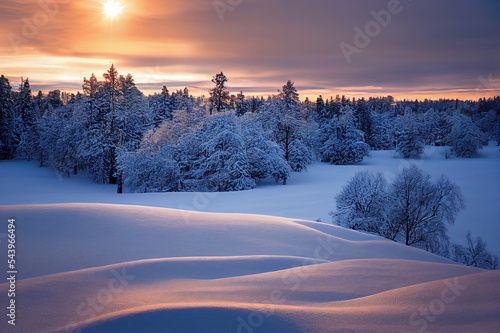 magical winter landscape in hedmark county norway europe. amazing winter scene with snow covered trees and beautiful light in the golden hour in december. photo