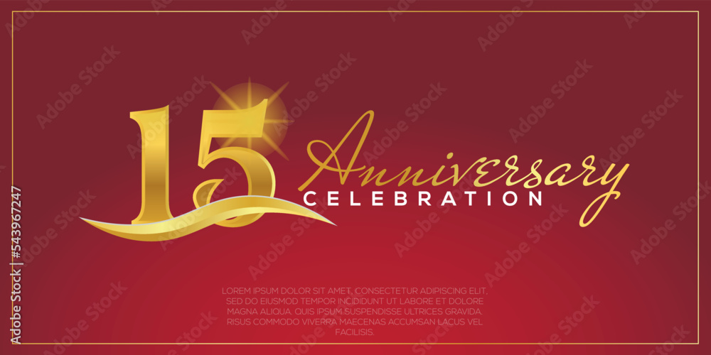 15th anniversary logo with confetti golden colored text isolated on red background, vector design for greeting card and invitation card