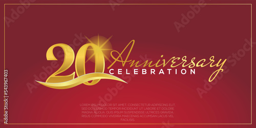 20th anniversary logo with confetti golden colored text isolated on red background, vector design for greeting card and invitation card