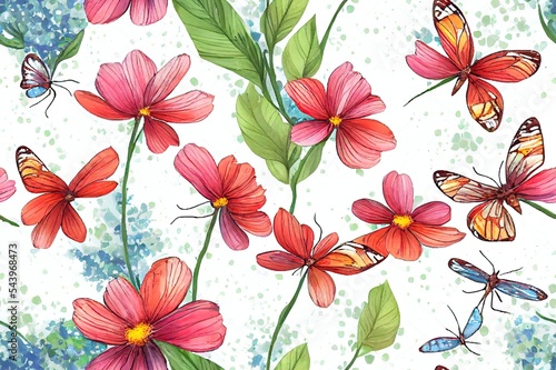 Wildflowers, plants, flying butterfly, dragonfly, floral seamless pattern with colored flowers, watercolor horizontal border isolated on white background, hand painting illustration summer meadow.