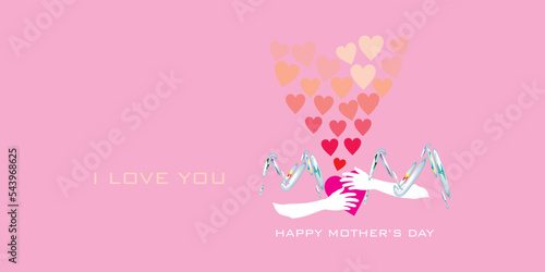 Postcard with two hands hugging heart background elements. Vector symbol of love in the shape of a heart for Happy Mother's Day greeting card design