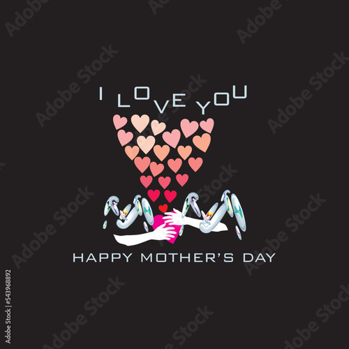 Postcard with two hands hugging heart background elements. Vector symbol of love in the shape of a heart for Happy Mother's Day greeting card design