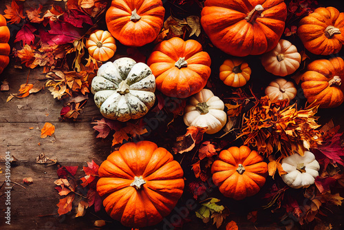 happy pumkin and autumn leaf  on  a wood of table