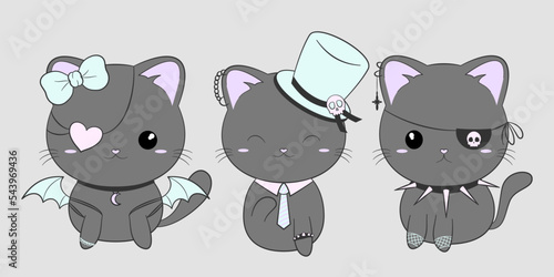 Trzy urocze gotyckie kotki. Zwierzęta w stylu kawaii z gotyckimi dodatkami. Ilustracja wektorowa.