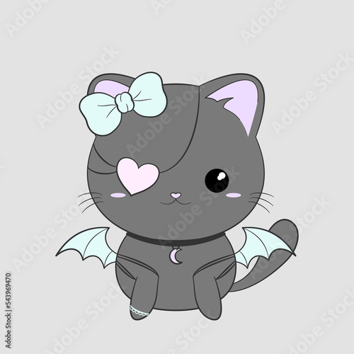 Kotek w stylu pastel goth. Uroczy gotycki kot z przepaską na oko w kształcie serca, z kokardką i skrzydłami nietoperza. Słodka ilustracja wektorowa.