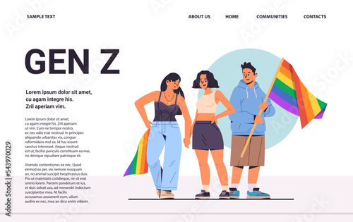 people holding lgbt rainbow flags gay lesbian love parade pride festival transgender love generation Z concept
