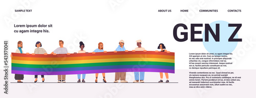 mix race people holding lgbt rainbow flags gay lesbian love parade pride festival transgender love generation Z concept