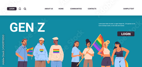 mix race people holding lgbt rainbow flags gay lesbian love parade pride festival transgender love generation Z concept