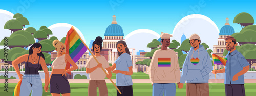 mix race people holding lgbt rainbow flags gay lesbian love parade pride festival transgender love generation Z concept